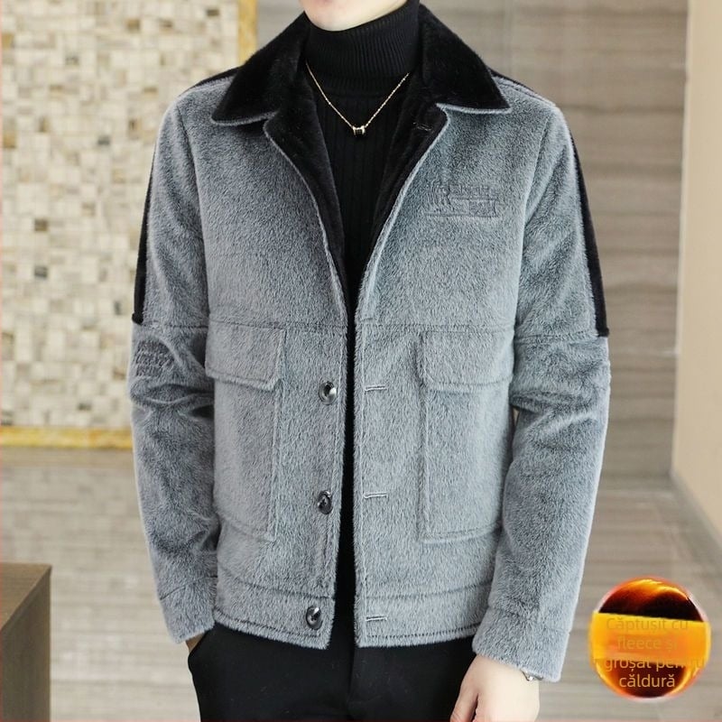 Palton bărbați în stil coreean, croială Slim-Fit, lungime scurtă, guler turn-down, închidere cu nasturi, țesătură principală Rabbit Hair, Modal