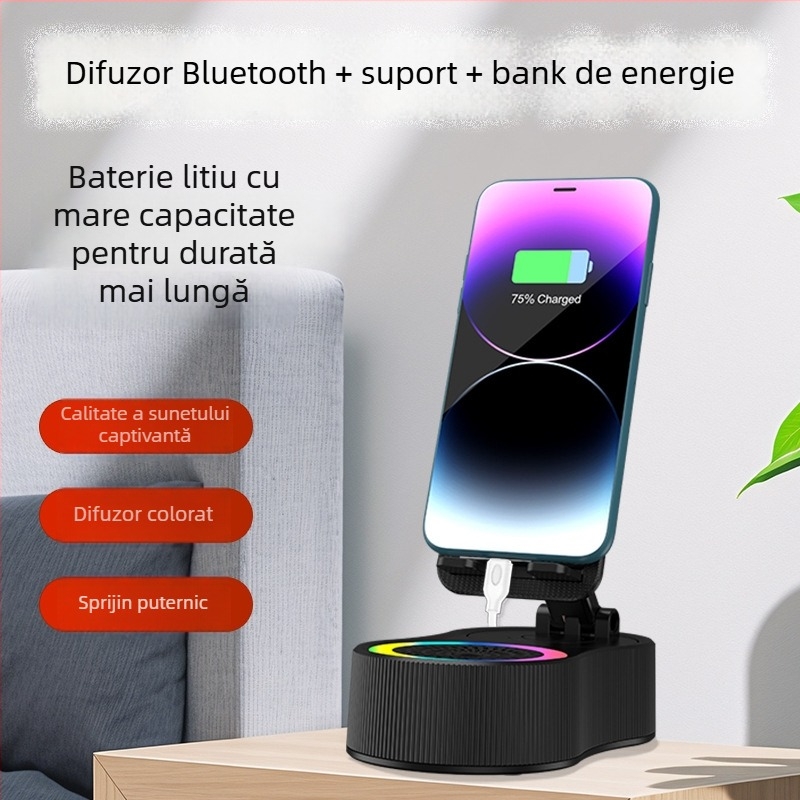 Stand 3-în-1 pentru birou cu telefon, difuzor Bluetooth și iluminare RGB (Bluetooth 5.3, 40 Hz–20 kHz, SNR ≥70 dB, baterie încorporată 1200–2000 mAh, 5 W)