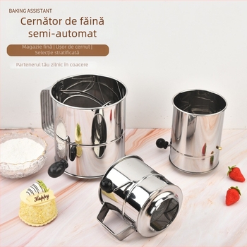Sită de făină din oțel inoxidabil, cu manivelă, gură plată, pentru bucătărie și coacere.