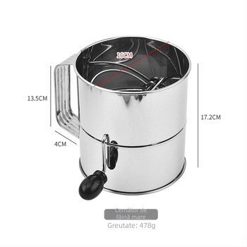 Sită de făină din oțel inoxidabil, cu manivelă, gură plată, pentru bucătărie și coacere.