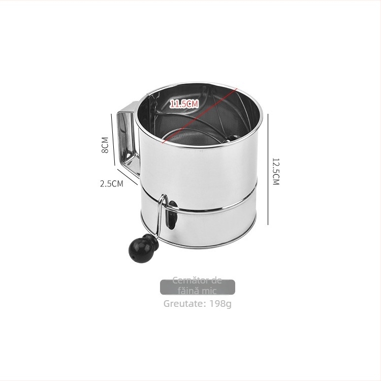 Sită de făină din oțel inoxidabil, cu manivelă, gură plată, pentru bucătărie și coacere.