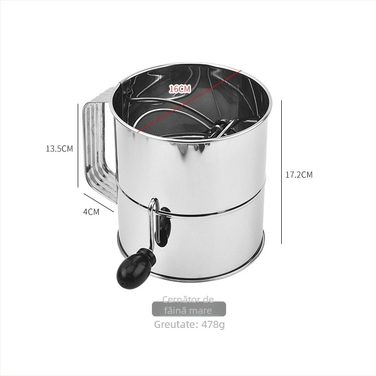 Sită de făină din oțel inoxidabil, cu manivelă, gură plată, pentru bucătărie și coacere.