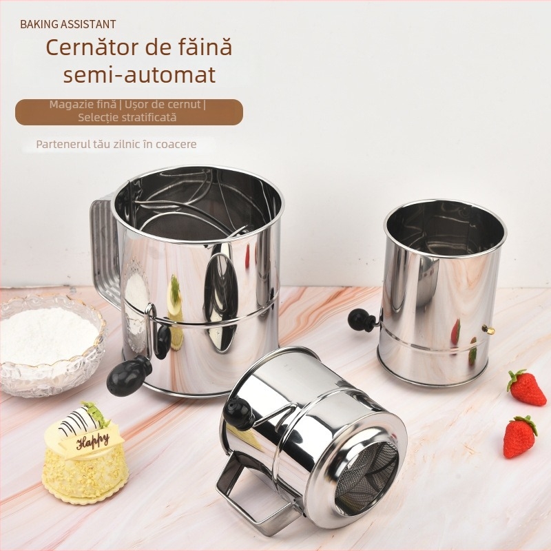 Sită de făină din oțel inoxidabil, cu manivelă, gură plată, pentru bucătărie și coacere.