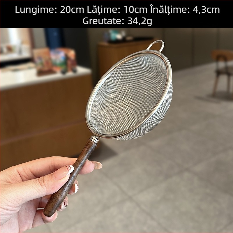 Sită pentru făină din oțel inoxidabil 304, mâner din lemn de nuc – plasă fină, antiderapant, filtru pentru lapte de soia în bucătărie