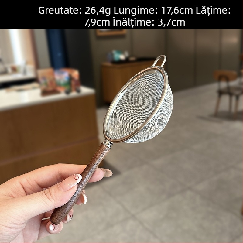 Sită pentru făină din oțel inoxidabil 304, mâner din lemn de nuc – plasă fină, antiderapant, filtru pentru lapte de soia în bucătărie
