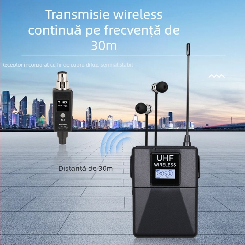 Sistem de monitorizare In-Ear fără fir pentru transmisiuni live, cu receptor Bluetooth, transmițător și microfon