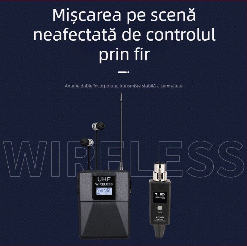 Sistem de monitorizare In-Ear fără fir pentru transmisiuni live, cu receptor Bluetooth, transmițător și microfon