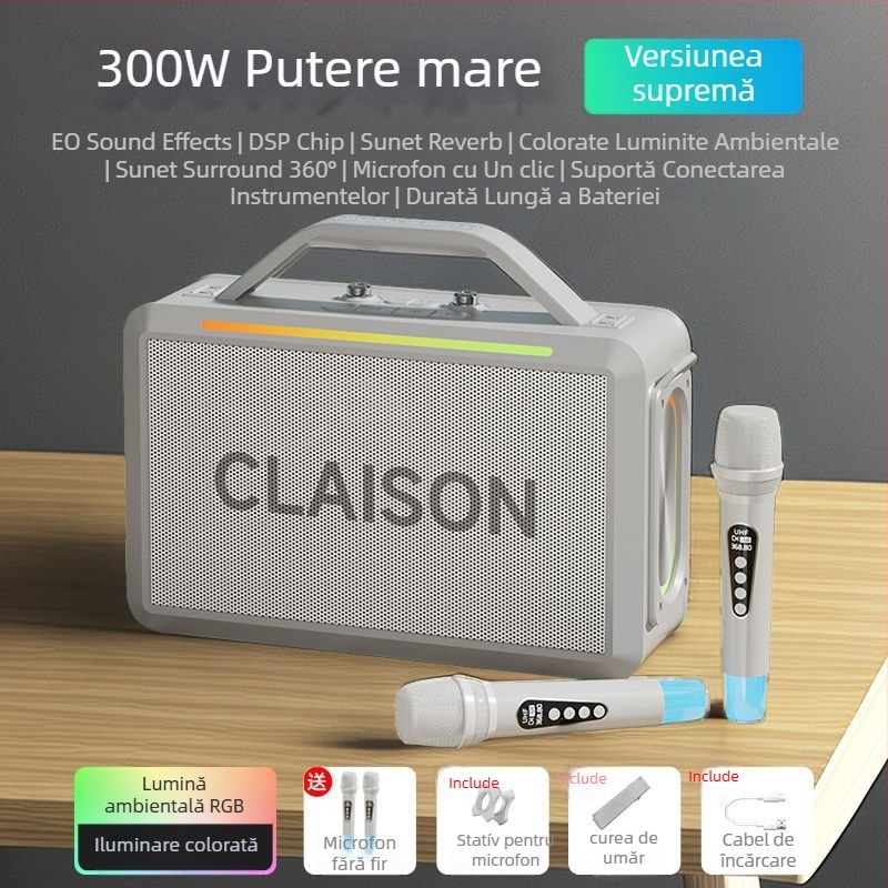 Boxă Karaoke Bluetooth RGB de 300W cu card audio încorporat și microfoane duale, portabilă, baterie încorporată 2000-4000mAh
