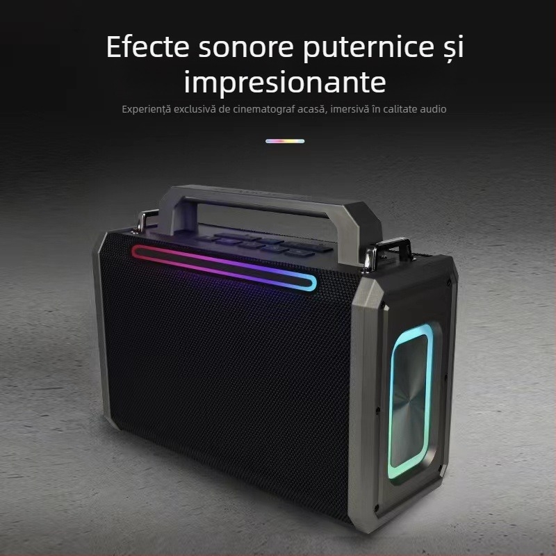 Difuzor Bluetooth portabil, cu curea, 100W, baterie încorporată 8000mAh, Bluetooth 5.3, interval de frecvență 100Hz-20kHz, SNR ≥75dB, slot pentru card, iluminare LED
