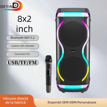 Boxă Bluetooth outdoor, putere înaltă, baterie încorporată, 24W total, Bluetooth 5.2, baterie 2000–4000mAh, 40 Hz–20 kHz, iluminare RGB