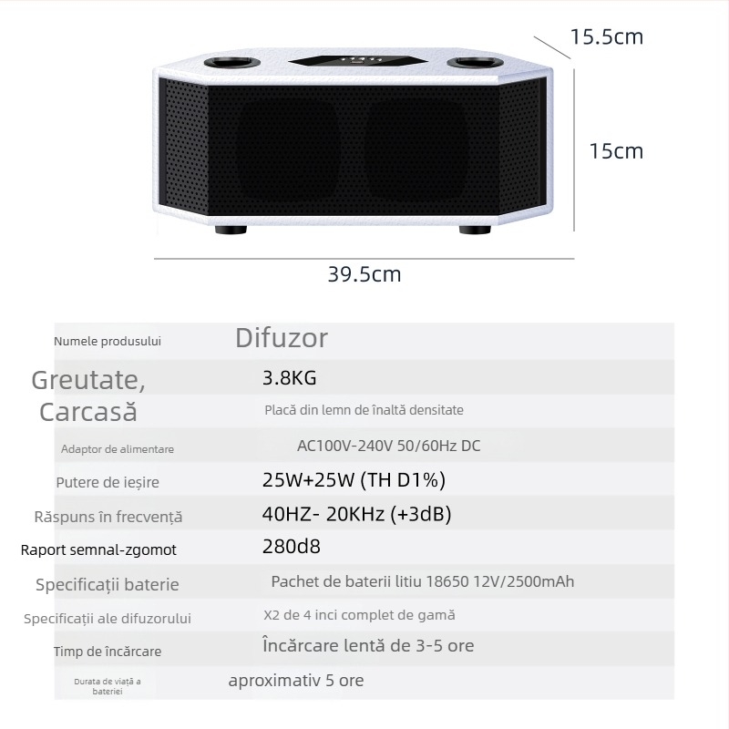 Boxă Bluetooth pentru karaoke cu microfon încorporat — portabil pentru acasă și exterior, 50W putere totală, Bluetooth 4.2, 30Hz-15kHz, SNR ≥60dB, rază 30m