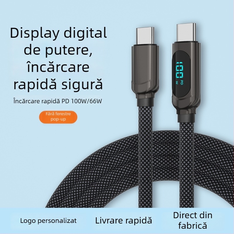 Cablu de date PD cu Lightning și Type-C, încărcare rapidă de 66W, afișaj digital, lungime 1–2 m