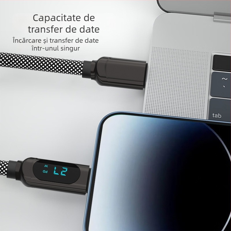 Cablu de date PD cu Lightning și Type-C, încărcare rapidă de 66W, afișaj digital, lungime 1–2 m