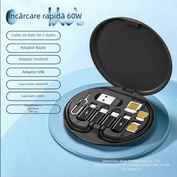 rc-190 Cutie universală pentru stocarea cablurilor – 60W încărcare rapidă, set cabluri cu interfețe multiple: Lightning, USB-C, Micro USB, USB