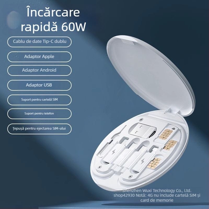 rc-190 Cutie universală pentru stocarea cablurilor – 60W încărcare rapidă, set cabluri cu interfețe multiple: Lightning, USB-C, Micro USB, USB