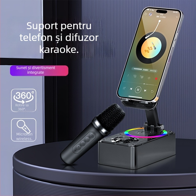 Boxă Bluetooth cu suport pentru telefon și microfon karaoke, baterie încorporată 100–300 mAh, 5W, USB alimentare, Bluetooth 5.3, domeniu de frecvențe 60 Hz–15 kHz