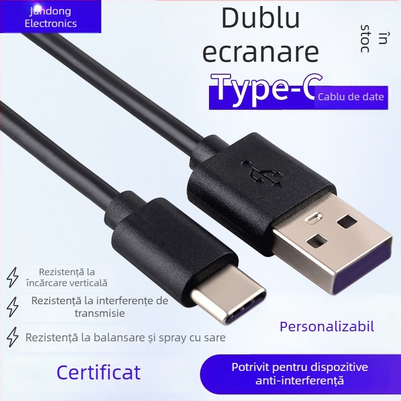 Cablu USB-C cu protecție dublă, 4 nuclee din aluminiu-magneziu, anti-interferențe, cablu extensibil pentru încărcare