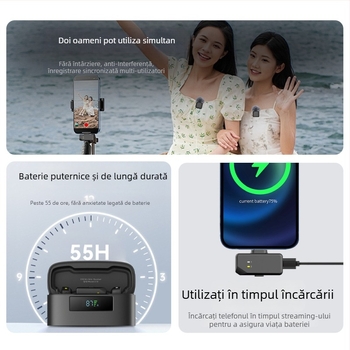D18 Microfon lavalier cu AI noise reduction pentru streaming live - clips magnetic, cablat, două canale, 100 Hz–20 kHz, SNR ≥75 dB, baterie încorporată 300–500 mAh, autonomie 3–6 h, compatibil Apple și Android