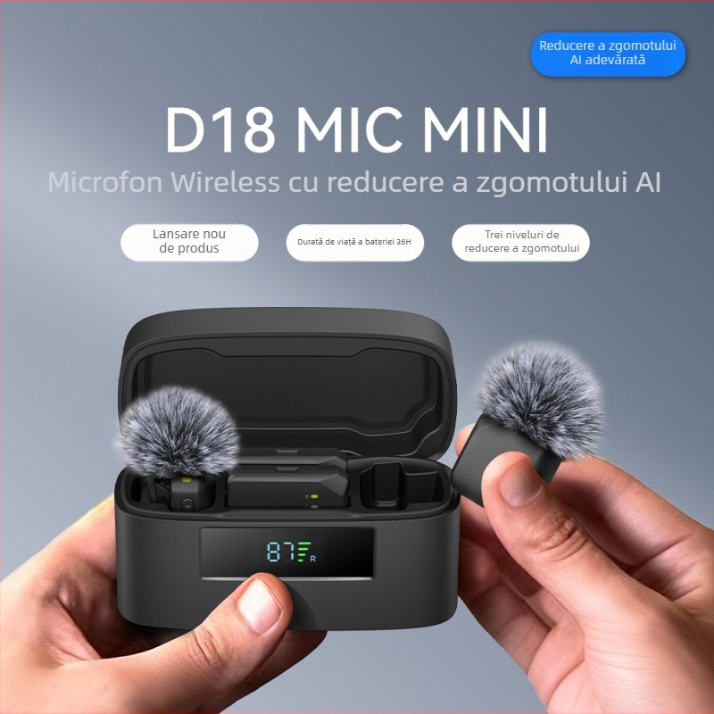 D18 Microfon lavalier cu AI noise reduction pentru streaming live - clips magnetic, cablat, două canale, 100 Hz–20 kHz, SNR ≥75 dB, baterie încorporată 300–500 mAh, autonomie 3–6 h, compatibil Apple și Android