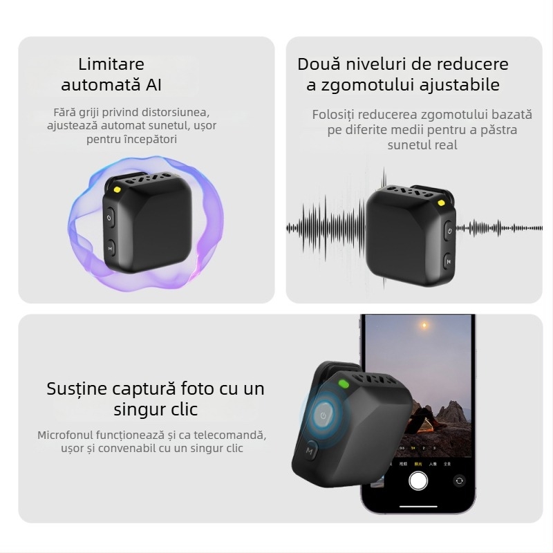 D18 Microfon lavalier cu AI noise reduction pentru streaming live - clips magnetic, cablat, două canale, 100 Hz–20 kHz, SNR ≥75 dB, baterie încorporată 300–500 mAh, autonomie 3–6 h, compatibil Apple și Android