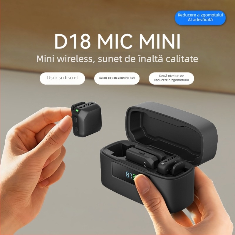 D18 Microfon lavalier cu AI noise reduction pentru streaming live - clips magnetic, cablat, două canale, 100 Hz–20 kHz, SNR ≥75 dB, baterie încorporată 300–500 mAh, autonomie 3–6 h, compatibil Apple și Android