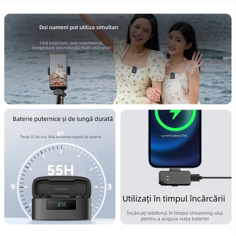 D18 Microfon lavalier cu AI noise reduction pentru streaming live - clips magnetic, cablat, două canale, 100 Hz–20 kHz, SNR ≥75 dB, baterie încorporată 300–500 mAh, autonomie 3–6 h, compatibil Apple și Android