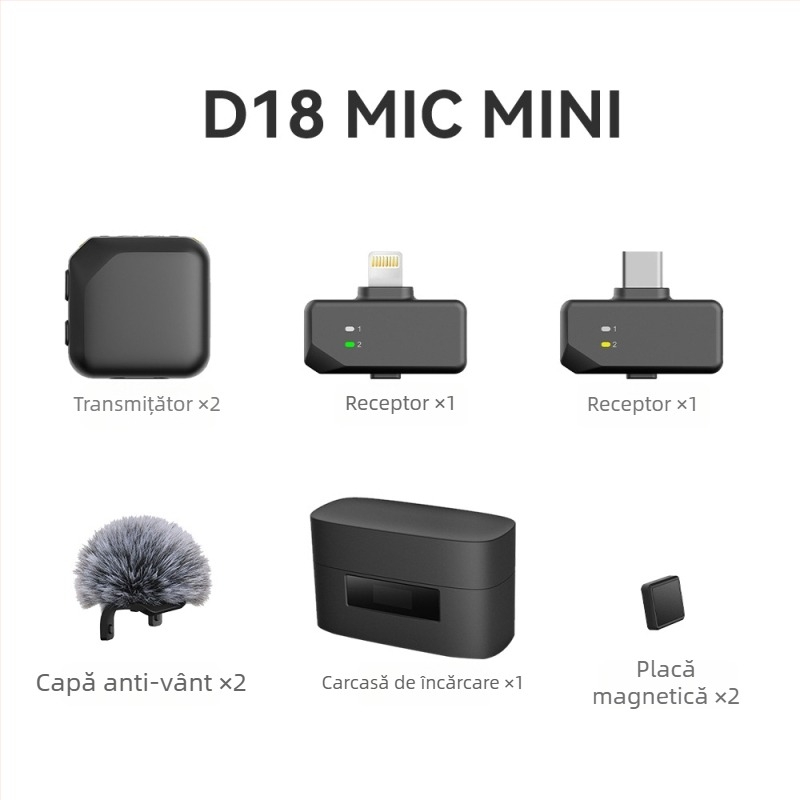 D18 Microfon lavalier cu AI noise reduction pentru streaming live - clips magnetic, cablat, două canale, 100 Hz–20 kHz, SNR ≥75 dB, baterie încorporată 300–500 mAh, autonomie 3–6 h, compatibil Apple și Android