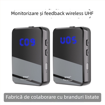 Sistem UHF fără fir pentru monitorizare in-ear cu emițător și receptor, 2 canale, reducere a zgomotului, răspuns în frecvență 60 Hz–15 kHz, SNR ≥75 dB, autonomie 6–8 ore, baterie detașabilă, Plug-and-Play