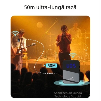 Sistem UHF fără fir pentru monitorizare in-ear cu emițător și receptor, 2 canale, reducere a zgomotului, răspuns în frecvență 60 Hz–15 kHz, SNR ≥75 dB, autonomie 6–8 ore, baterie detașabilă, Plug-and-Play