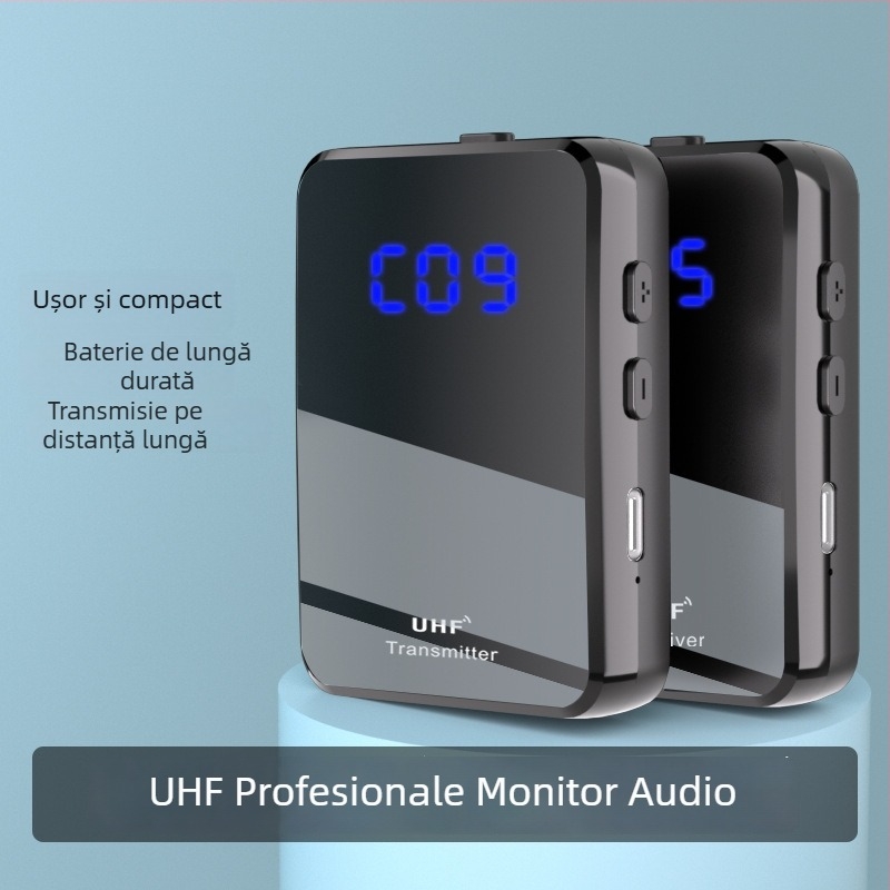 Sistem UHF fără fir pentru monitorizare in-ear cu emițător și receptor, 2 canale, reducere a zgomotului, răspuns în frecvență 60 Hz–15 kHz, SNR ≥75 dB, autonomie 6–8 ore, baterie detașabilă, Plug-and-Play