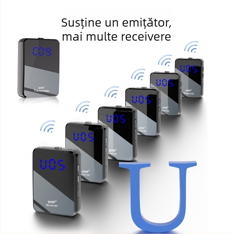 Sistem UHF fără fir pentru monitorizare in-ear cu emițător și receptor, 2 canale, reducere a zgomotului, răspuns în frecvență 60 Hz–15 kHz, SNR ≥75 dB, autonomie 6–8 ore, baterie detașabilă, Plug-and-Play