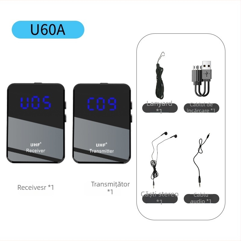 Sistem UHF fără fir pentru monitorizare in-ear cu emițător și receptor, 2 canale, reducere a zgomotului, răspuns în frecvență 60 Hz–15 kHz, SNR ≥75 dB, autonomie 6–8 ore, baterie detașabilă, Plug-and-Play