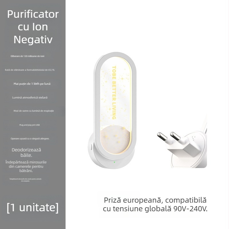 Purificator de aer pentru baie cu ioni negativi, eliminare a mirosurilor și a formaldehidei, mod silențios și lumină ambientală în stil cer înstelat