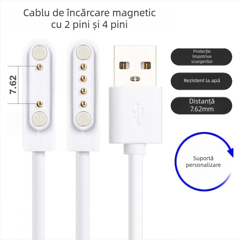 Cablu magnetic de încărcare pentru smartwatch, USB, 4 pini, 7,62 mm, linie de date