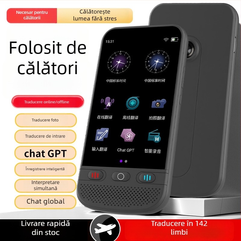 Translator de dialog în timp real cu interpretare simultană multilingvă, model F6 Chinese Version, carcasă ABS, baterie Li-ion reîncărcabilă, difuzor 8W, suport pentru repetarea vocii