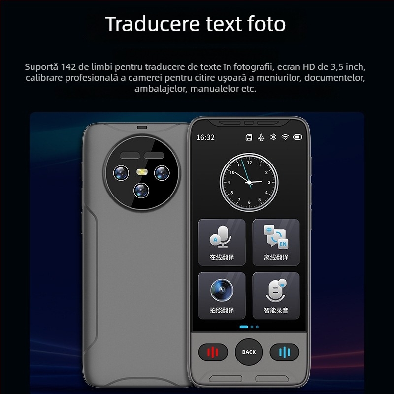 Translator vocal inteligent cu ecran mare, Android OS, Bluetooth, rază de 50 m, moduri atingere/voce/fotografiere, model T02