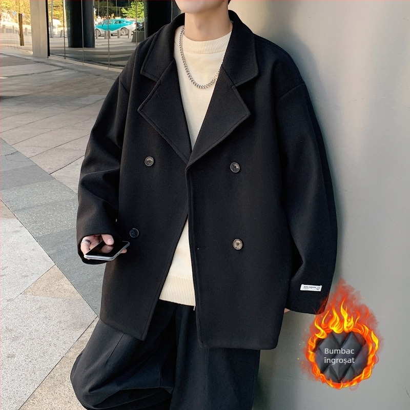 Palton Harajuku stil, cu nasturi dubli, lungime medie, guler sacou, 100% poliester