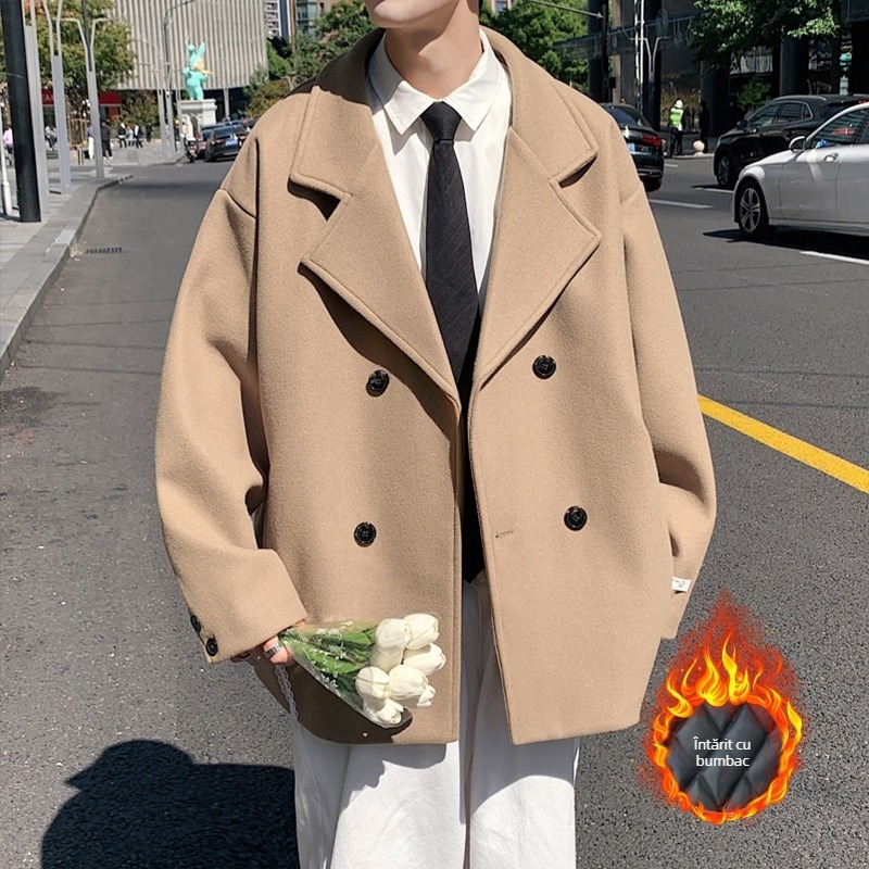 Palton Harajuku stil, cu nasturi dubli, lungime medie, guler sacou, 100% poliester