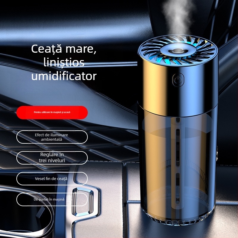 S10 umidificator auto și purificator de aer cu difuzor de parfum — rezervor de apă 0,5–1 L, alimentare USB/auto, peste 3 duze de ceață, zgomot sub 36 dB, putere 5 W
