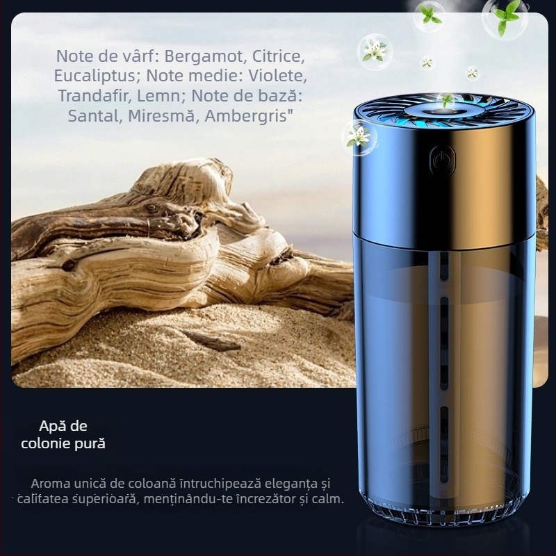 S10 umidificator auto și purificator de aer cu difuzor de parfum — rezervor de apă 0,5–1 L, alimentare USB/auto, peste 3 duze de ceață, zgomot sub 36 dB, putere 5 W