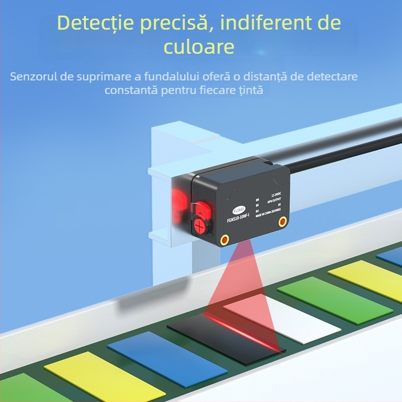 Senzor fotoelectric întrerupător FGNS10-10NF-I, seria FGNS10, cu reflexie difuză, suprimare a fundalului, detecție decupare