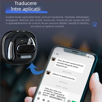 Căști inteligente de traducere AI cu Bluetooth, compatibile iOS/Android, rază 10 m, traducere vocală, redare muzică și preluare apeluri, model T19