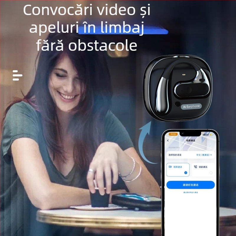 Căști inteligente de traducere AI cu Bluetooth, compatibile iOS/Android, rază 10 m, traducere vocală, redare muzică și preluare apeluri, model T19