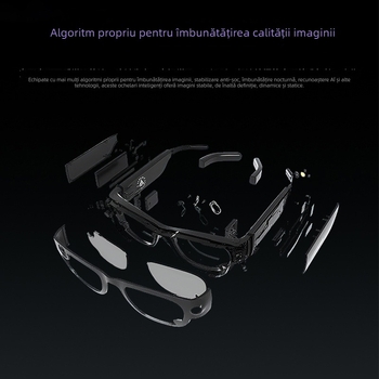 Ochelari AI cu cameră 2 MP, montare pe cap, rază wireless 5–10 m, control prin buton, greutate 43 g