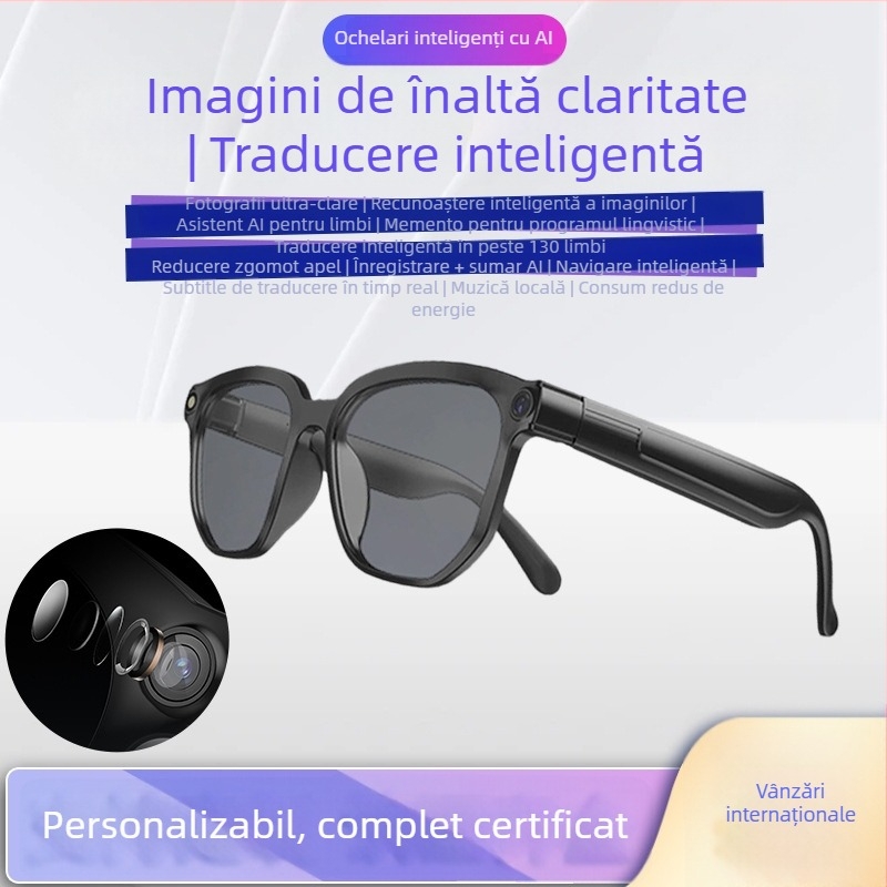 Ochelari AI cu cameră 2 MP, montare pe cap, rază wireless 5–10 m, control prin buton, greutate 43 g