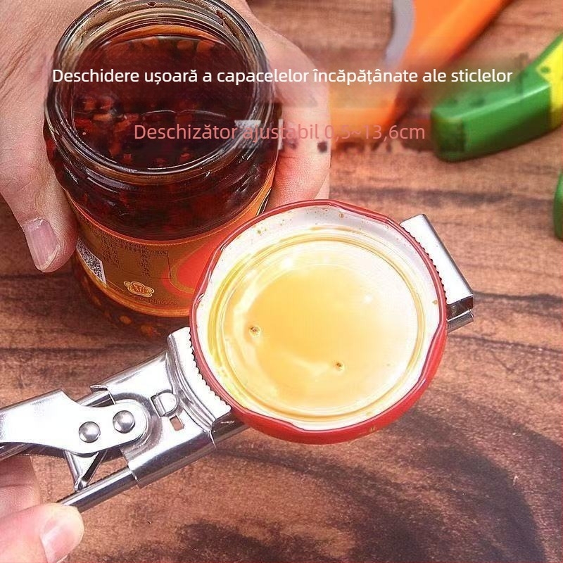 Deschizător de capace din oțel inoxidabil, multifuncțional, portabil pentru conserve, borcane și capace de sticle, mecanism retractabil
