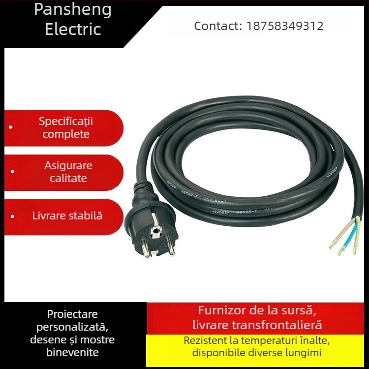 PS Cablu de alimentare în stil european VDE, cu priză AC impermeabilă, izolație PVC, conductor triplu