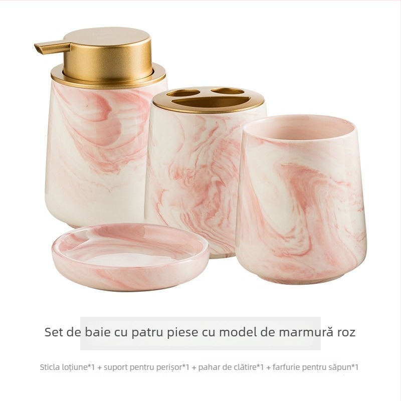 Set de baie din ceramică cu model marmorat, patru piese, include pahar de clătinat și pahar pentru periuța de dinți