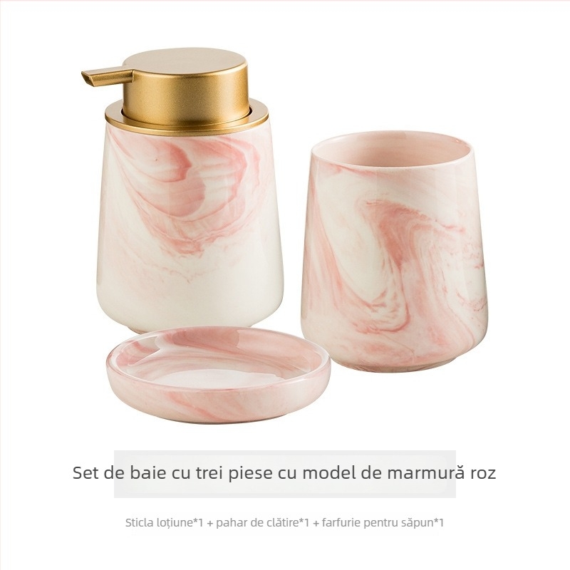 Set de baie din ceramică cu model marmorat, patru piese, include pahar de clătinat și pahar pentru periuța de dinți