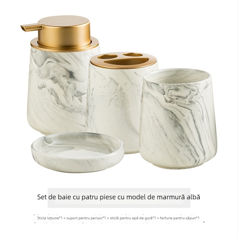 Set de baie din ceramică cu model marmorat, patru piese, include pahar de clătinat și pahar pentru periuța de dinți